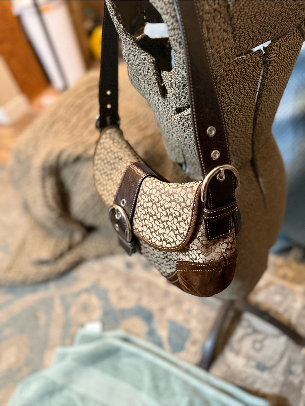 Coach Brown Signature Canvas Shoulder Bag with Dark Brown Leather Trim - Picture 6 of 12